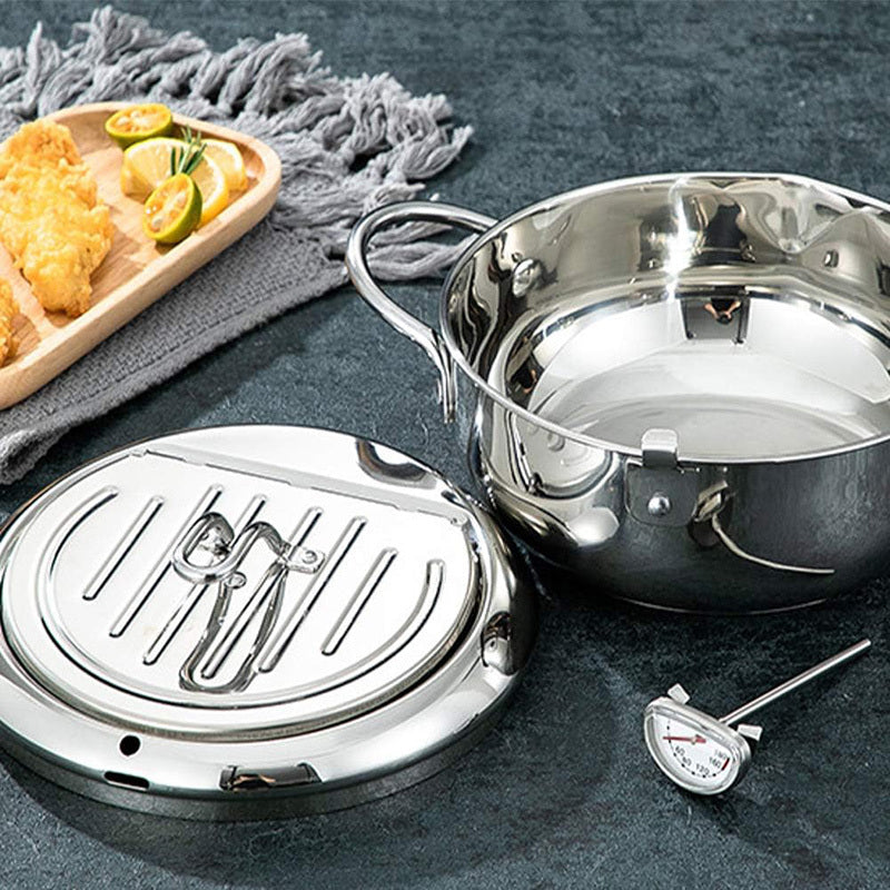 1 ta Stainless Steel Fryer, haroratni boshqarish, yog' tomchilari filtri rack, qopqoq va 2 ta plastinka bilan. Gaz pechlari va induksiya pechlari uchun mos, fransuz kartoshkasi, tovuq va boshqalarni qovurish uchun ideal.