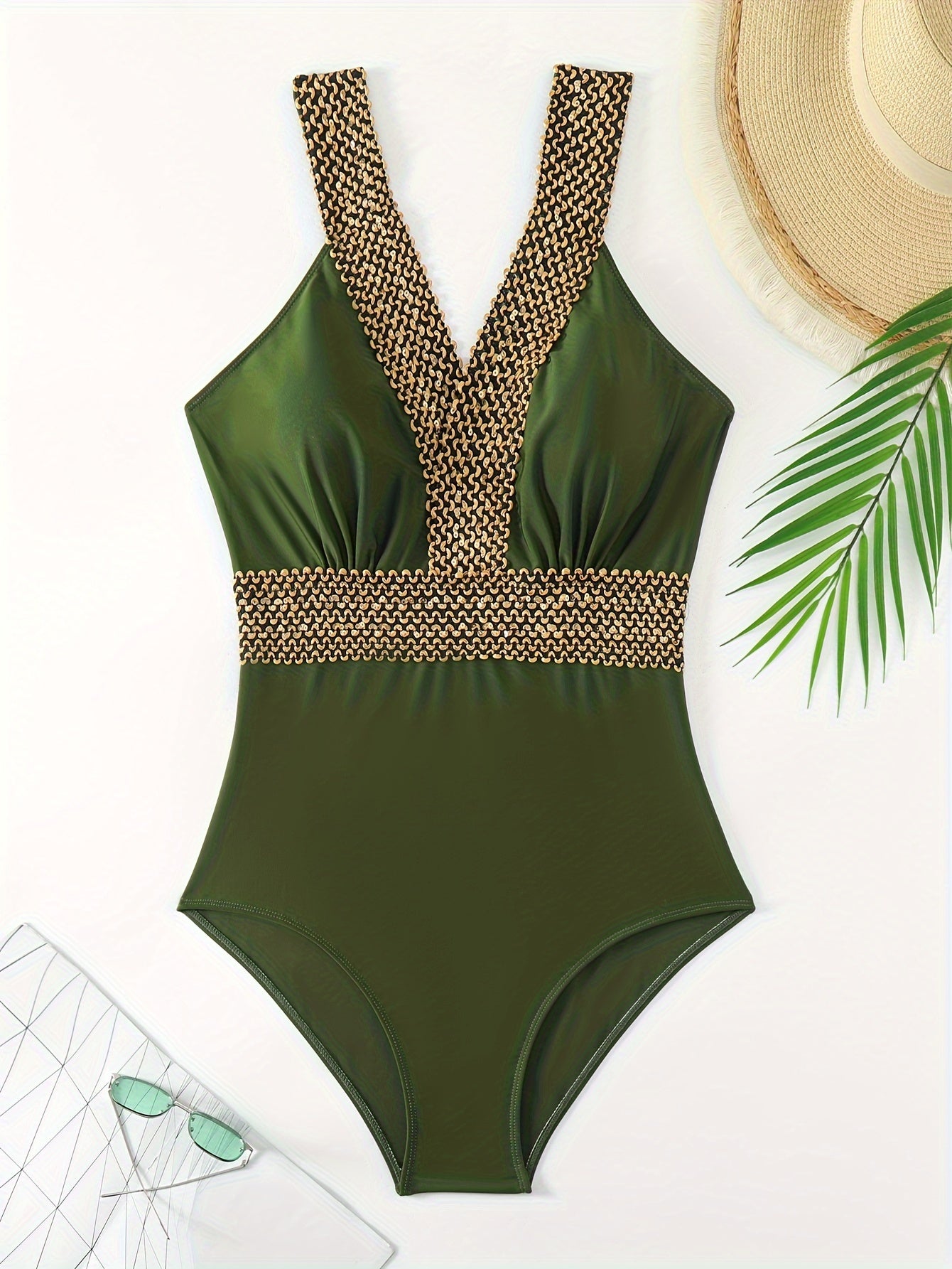 Women's Solid Color V Neck Backless One-Piece Swimsuit with Buckles