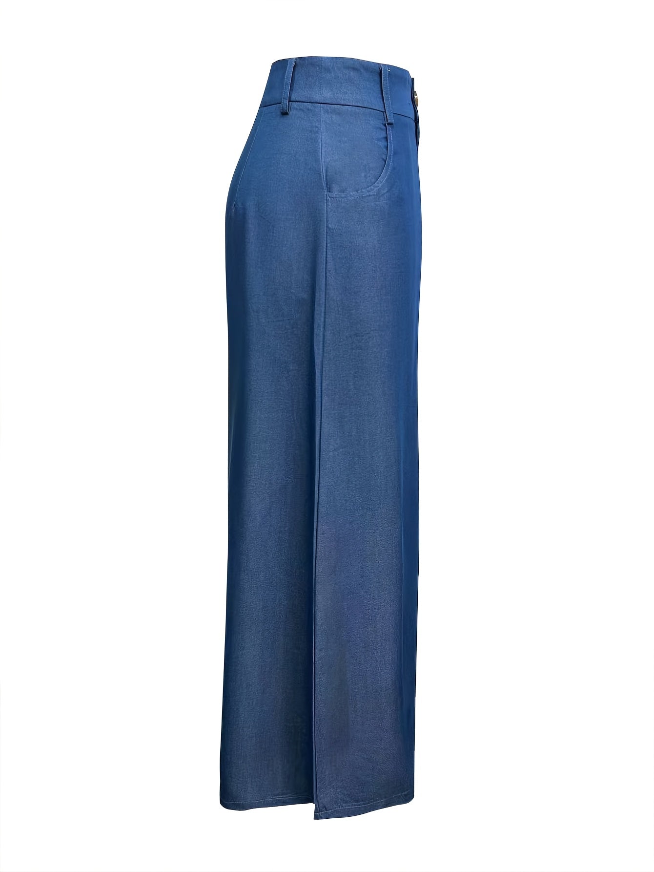 Ayollar uchun keng oyoqli ko'p maqsadli shimlar, bir rangli polyester, soxta denim, cho'ntaklar va to'qilgan to'qima bilan.