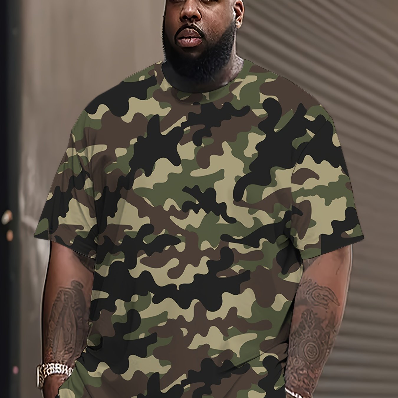 Camiseta de manga corta con cuello redondo de camuflaje para hombre, ropa casual de calle, poliéster y spandex
