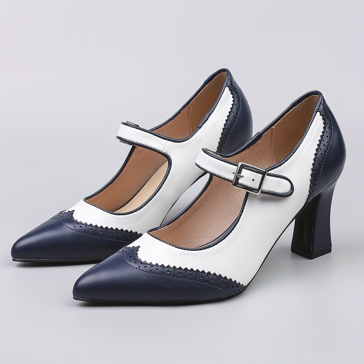 Women's Leather Pointed Toe Pumps Vintage Chunky Heel Formal Shoes