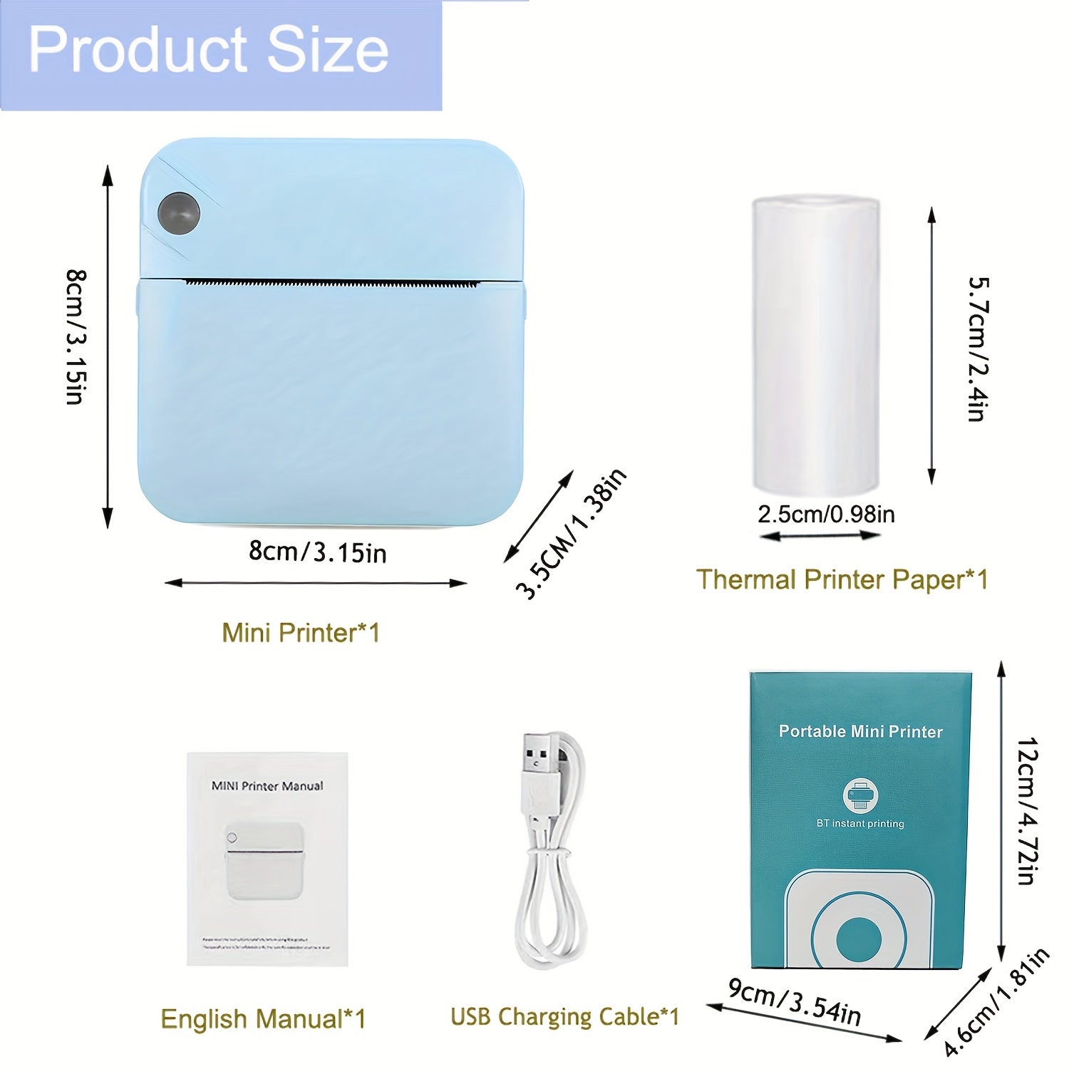 Mini Portable Thermal Wireless Pocket Printer with 3 Rolls of Thermal, Color, and Label Paper