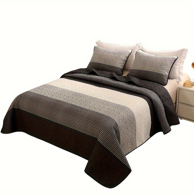 3-Piece Brushed Bedspread Set in Black Grey White Stripes with Pillowcases for Bedroom and Guest Room