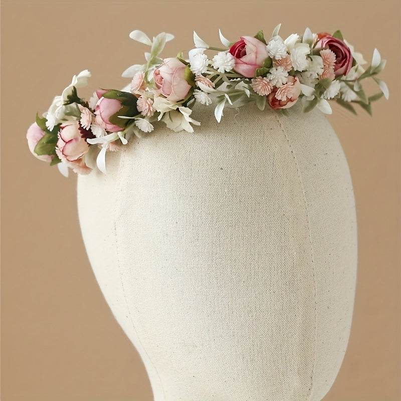 Women's Flower Headband Boho Bridal Wreath Wedding Hair Crown with Ribbon