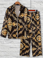 Men's Casual Printed Pajama Set with Long Sleeve Shirt and Elastic Waist Trousers