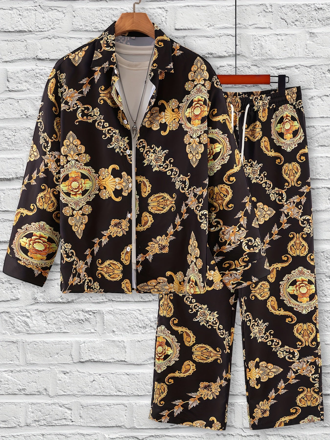 Men's Casual Printed Pajama Set with Long Sleeve Shirt and Elastic Waist Trousers