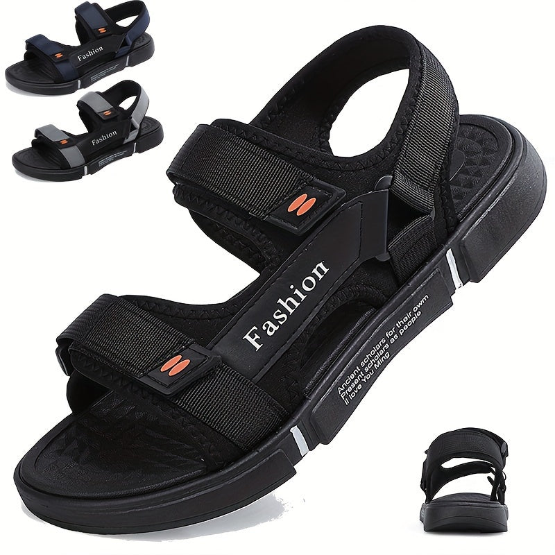 Men's Non-Slip Summer Sandals Fabric Beach Shoes with Hook-and-Loop Fastener Rubber Sole Black and Orange