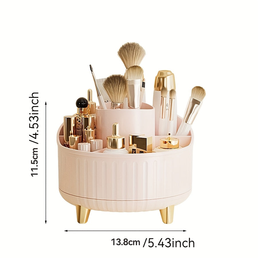 Pink and Gold Rotating Makeup Organizer with Multiple Compartments and Brush Holder
