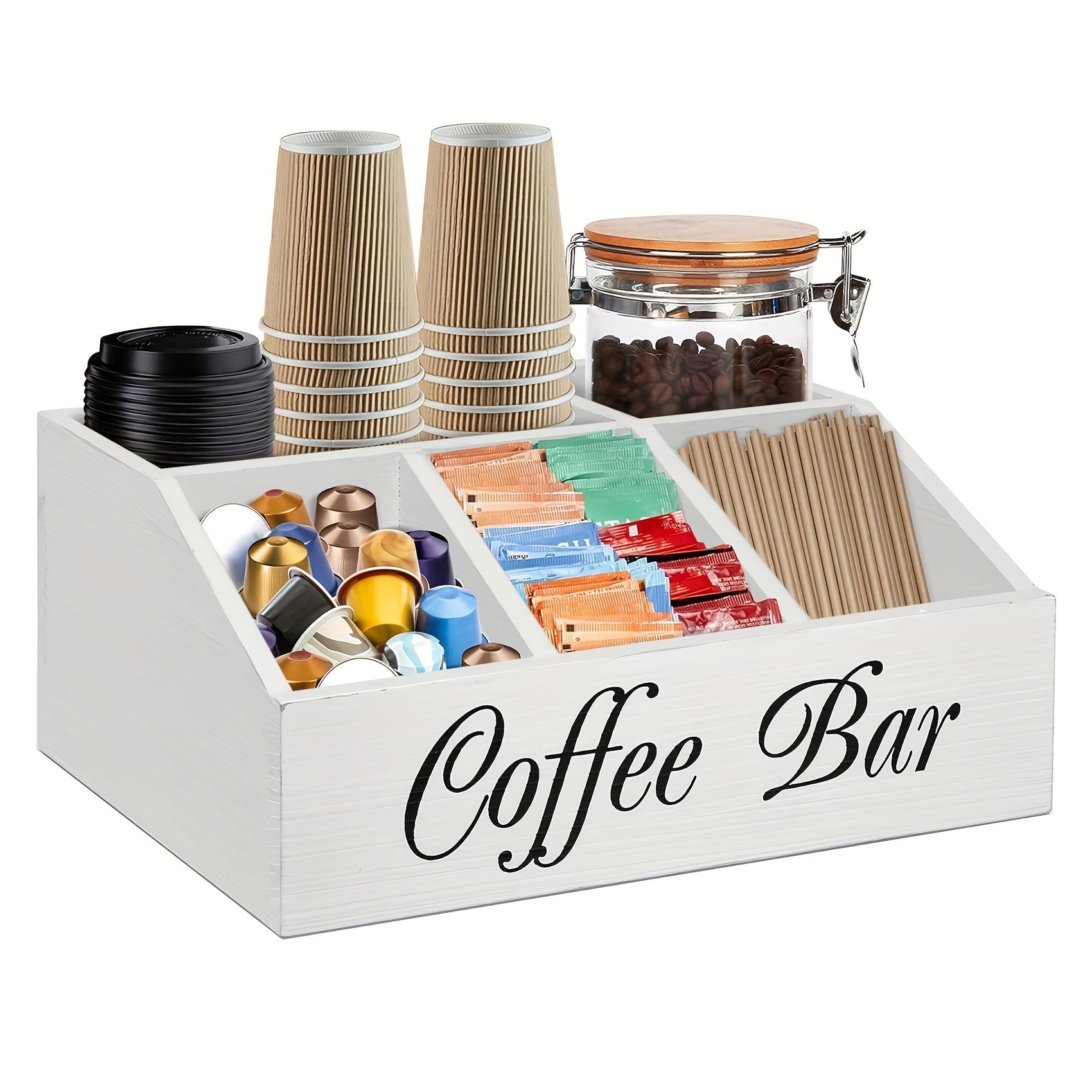Bandeja organizadora de café de madera con compartimentos para condimentos, cápsulas y accesorios