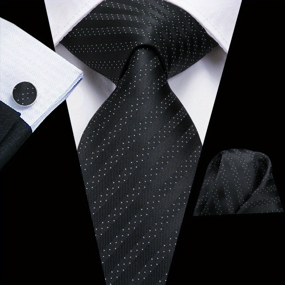 Men's Jacquard Woven Black Tie Set with Cufflinks and Hanky for Weddings and Business