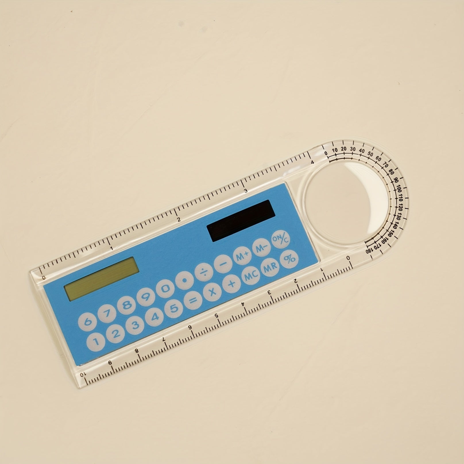 Mini Ultra-Thin Solar Calculator Ruler with Magnifying Glass 10cm Office School Supplies