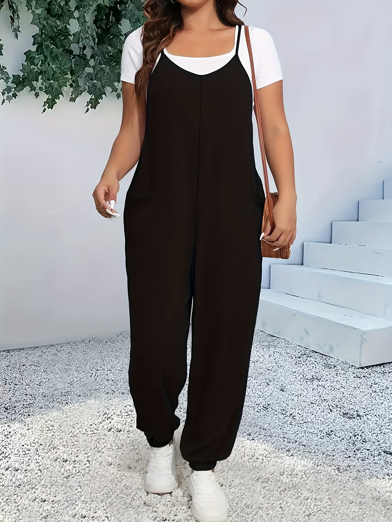 Women's Knit Pants V-Neck Slingback Plus Size Solid Polyester Pocket