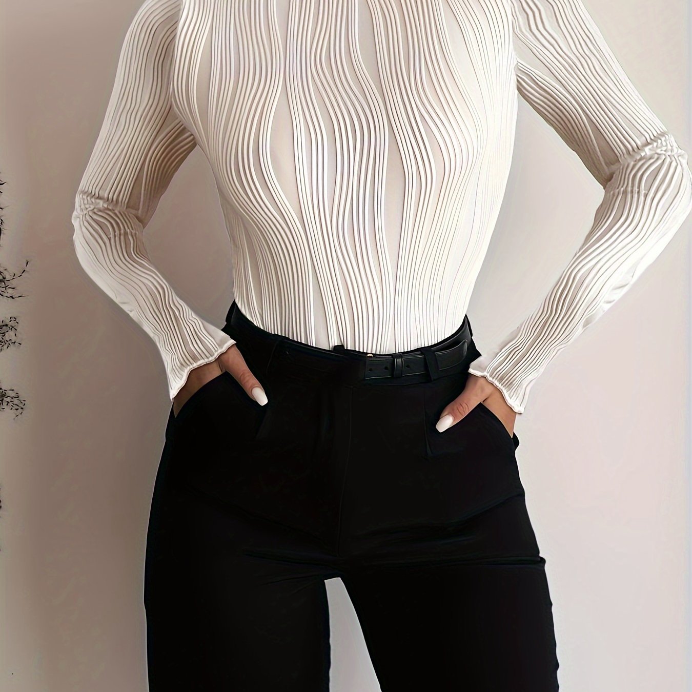 Women's Textured Frill Neck Long Sleeve T-Shirt for Spring Fall