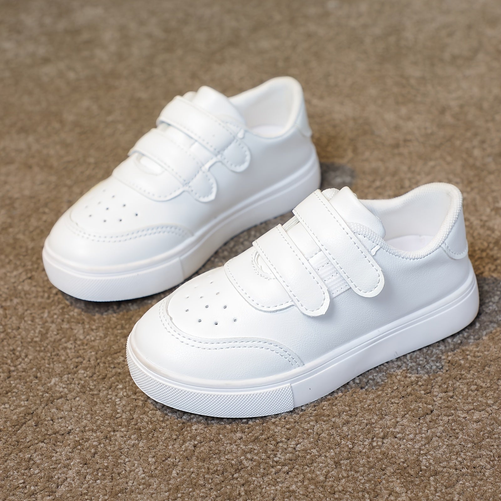 Kids White Low-Top Casual Sneakers with Elastic Fastener Straps Breathable Fabric Rubber Sole