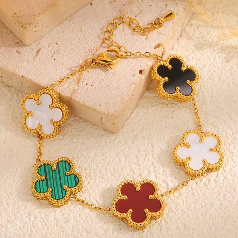 Set of 4 Gold Plated Stainless Steel Flower Bracelets with Rhinestones Boho Style for Women