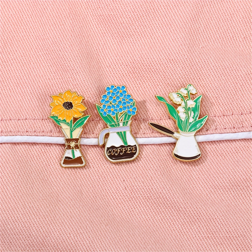 Set of 6 Minimalist Alloy Coffee Flower Enamel Brooch Pins Irregular Shaped Lapel Accessories
