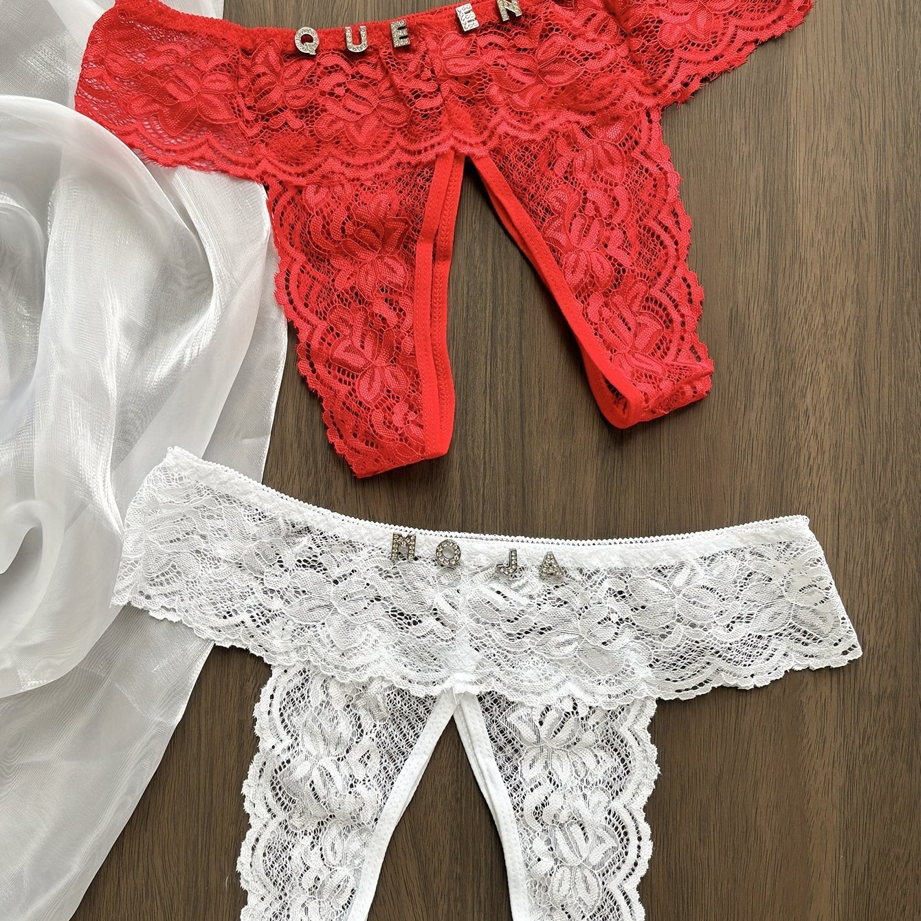 Women's Personalized Crystal Open-Crotch Thongs Lace G-String XL XXL XXXL XXXXL