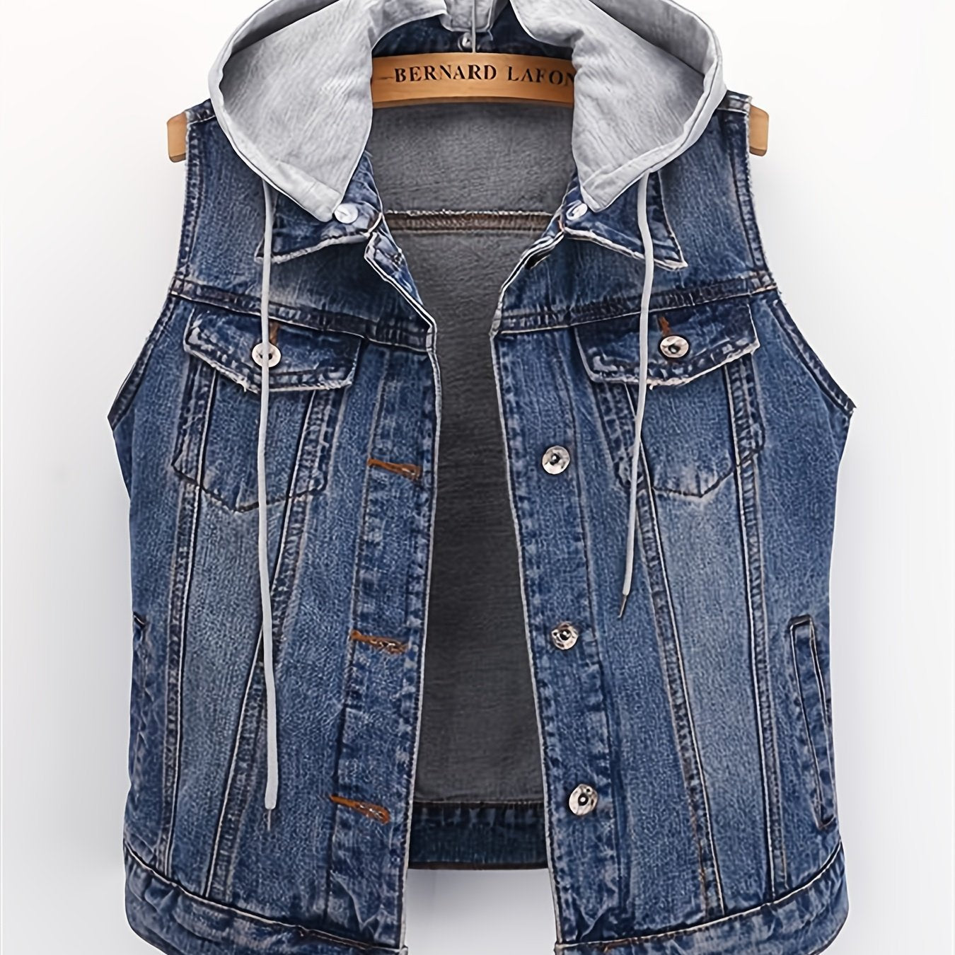 Женская безрукавная джинсовая куртка с отстегивающимся капюшоном, голубая, повседневная верхняя одежда