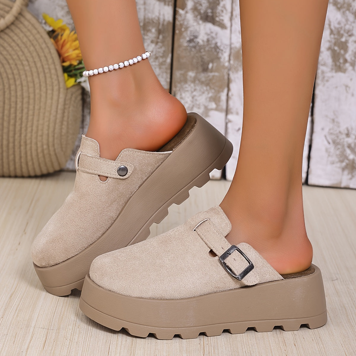 Women Beige Wedge Mules with Adjustable Buckle Slip-On Shoes