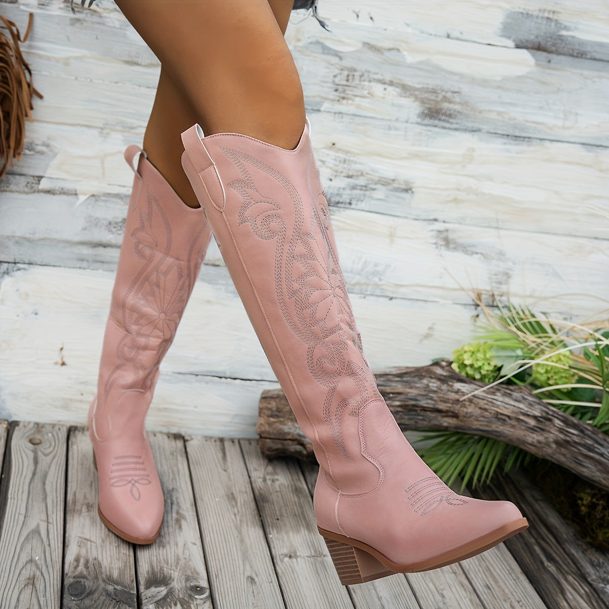 Women's Western Cowboy Boots Faux Leather Floral Embossed Pointed Toe