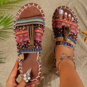 Women's Bohemian Fringe Sandals Colorful Striped Open Toe Beach Shoes