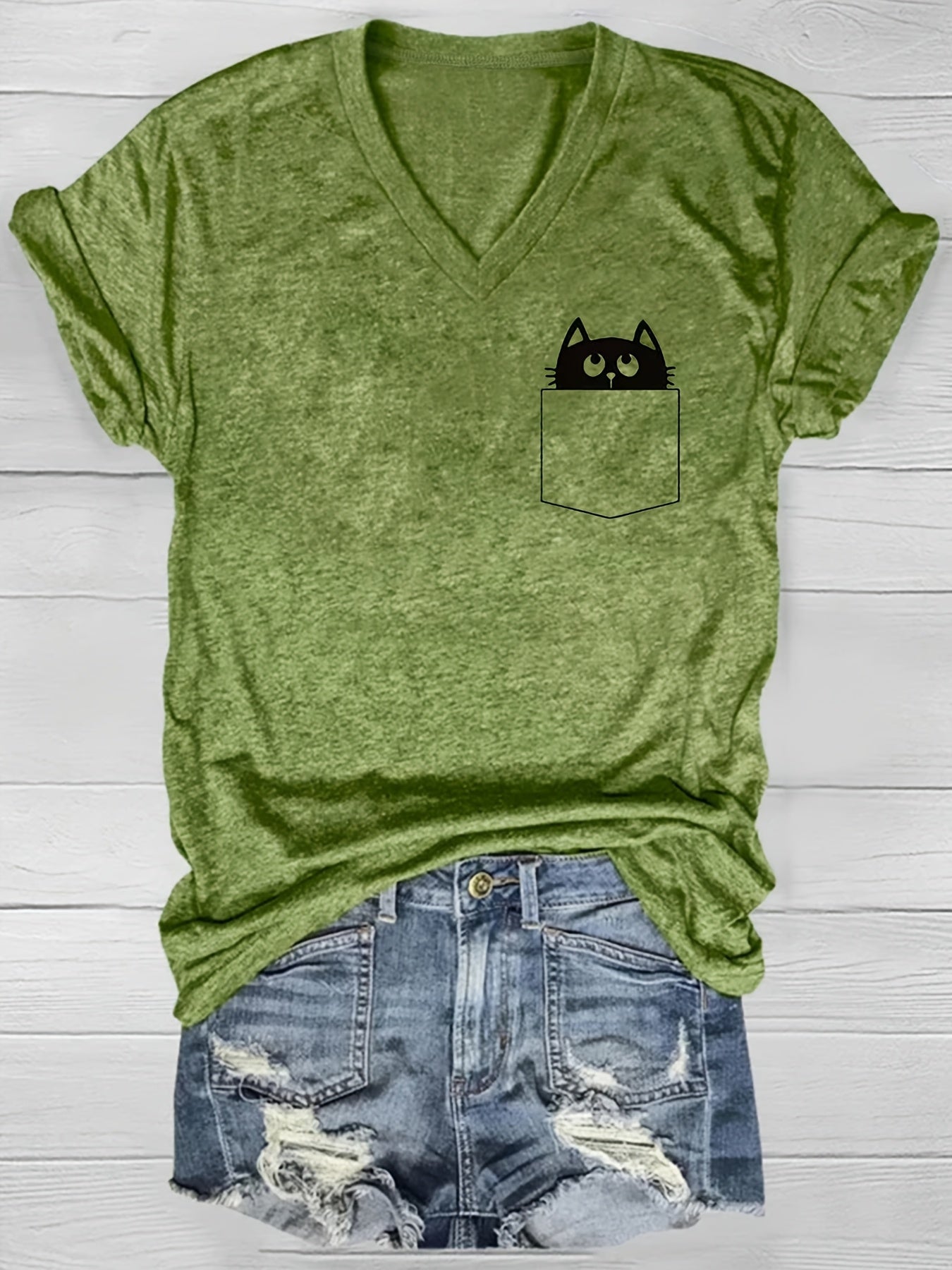 Women's V-Neck T-Shirt Short Sleeve Geometric Cat Pocket Summer Knit Polyester Rayon Spandex