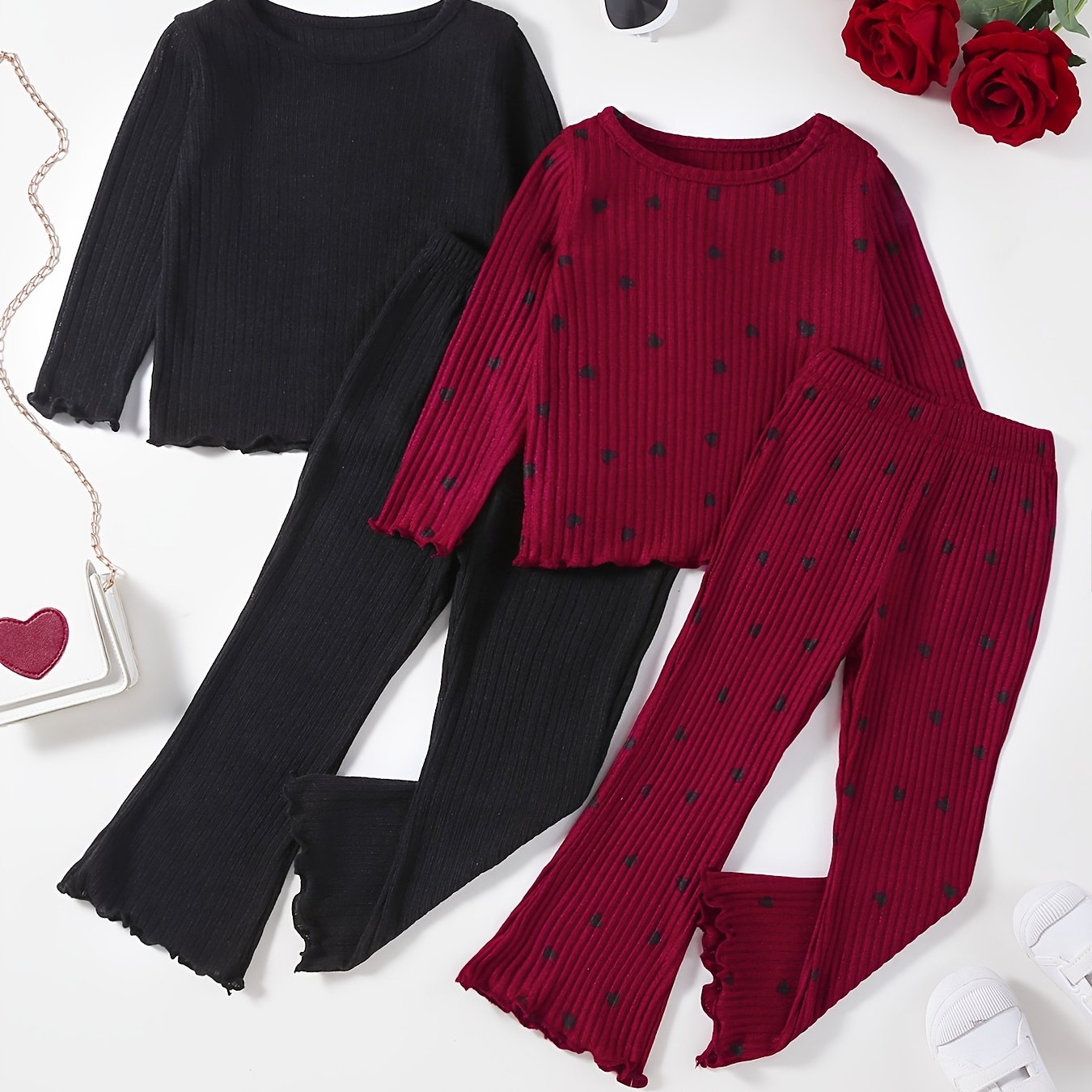 Conjunto de ropa de punto para niñas con bordes con volantes en poliéster negro y rojo para primavera y otoño