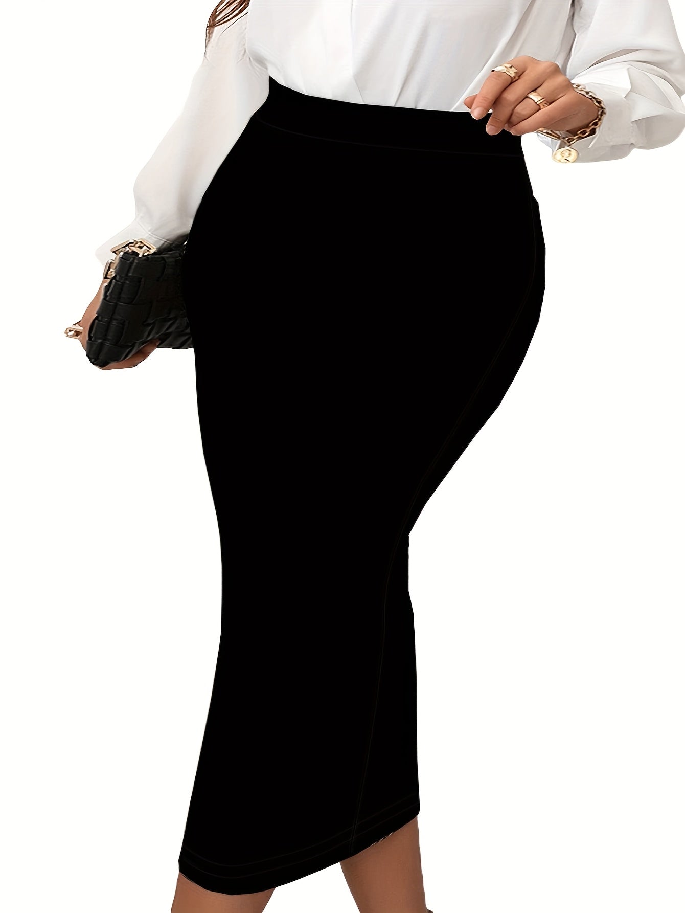 Women Black Stretchy Midi Skirt Elastic Fabric for Spring Summer Fall