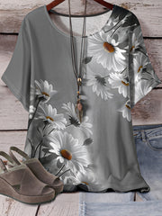 Plus Size Heather Gray Daisy Print T-Shirt for Women Polyester Blend Casual