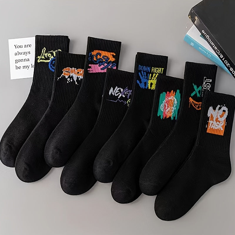 Colorful Graffiti-Style Crew Socks for Couples Polyester Breathable Comfortable Pack of Five