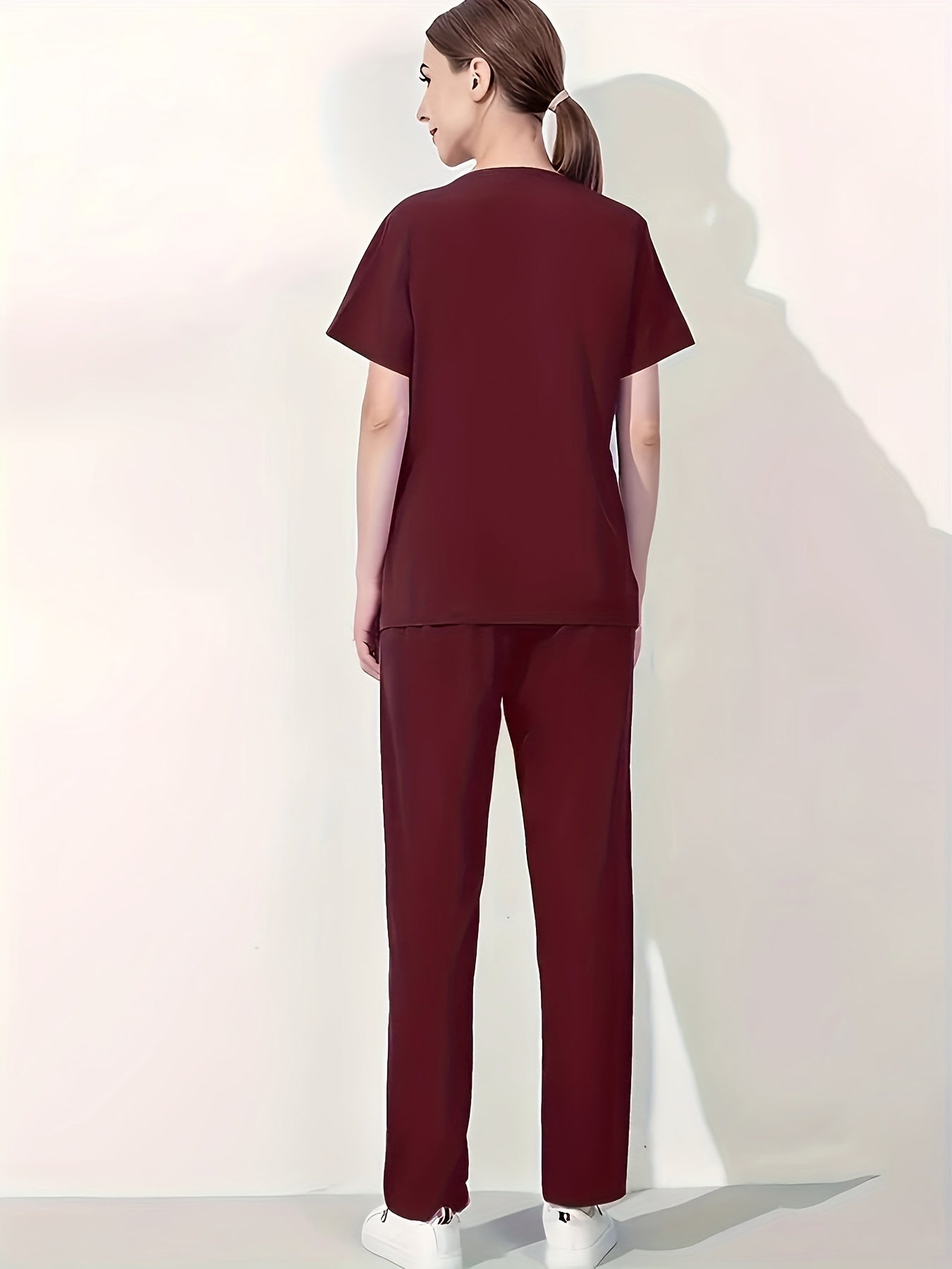 Women's Red V-Neck Scrub Set Short Sleeve Polyester Blend with Pockets