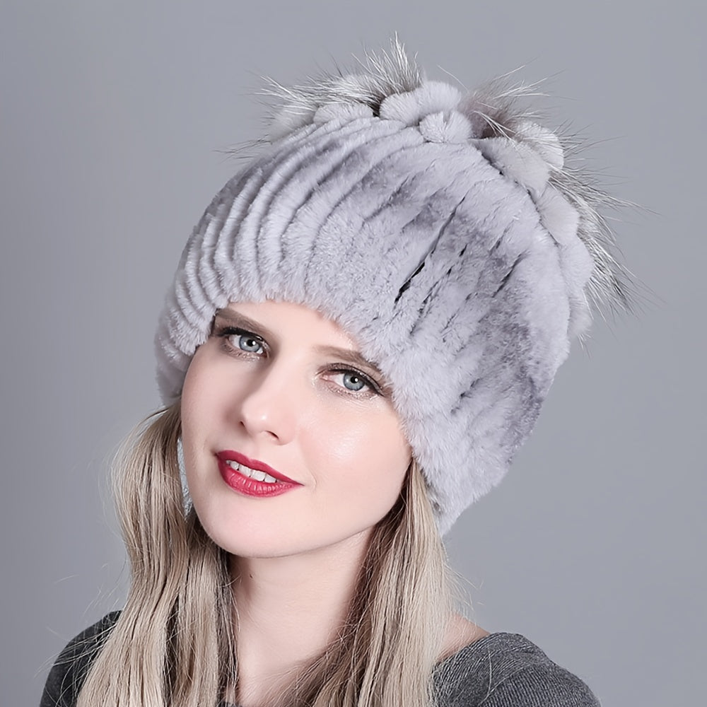 Faux Fur Beanie for Women and Girls Warm Knit Winter Hat