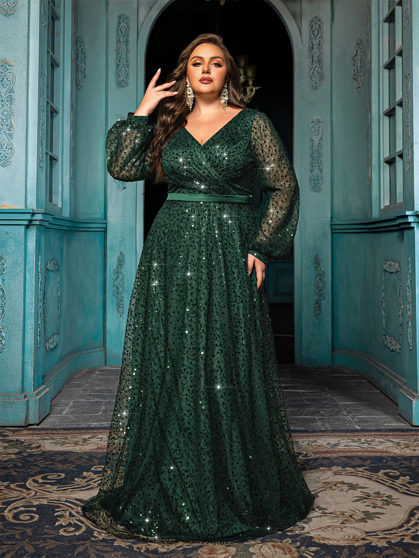 Women Emerald Green Sequin V-Neck Gown with Lantern Sleeves Formal Evening Dress