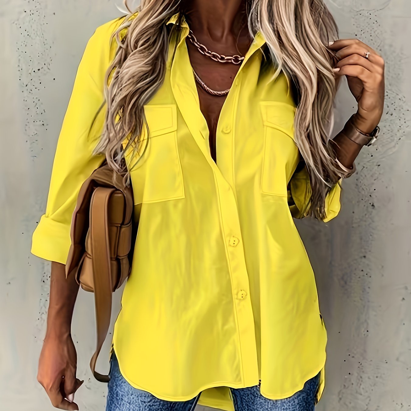 Plus o'lchamli uzun ko'ylak, tugma oldi, kundalik, yuqori past o'rtacha bo'yin, bahor va kuz uchun