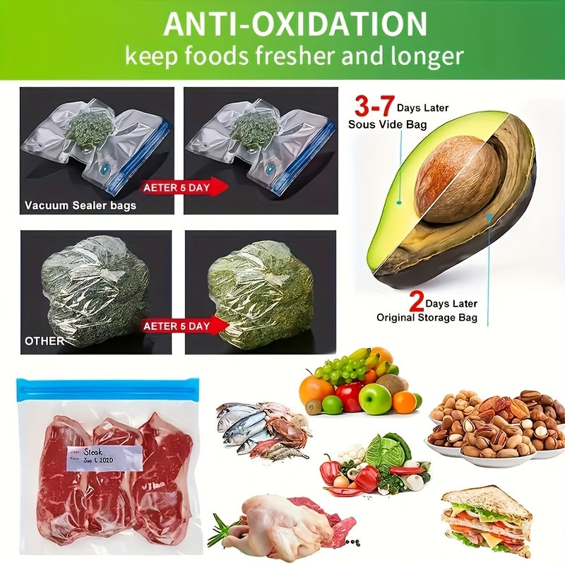 Uy uchun portativ vakuum yopishtiruvchi, quruq va nam oziq-ovqat uchun avtomatik, oziq-ovqat bo'lakchalari uchun sumka, elektr pompasi va 3-in-1 vakuum zip yopishqoq sumkalarini o'z ichiga oladi.