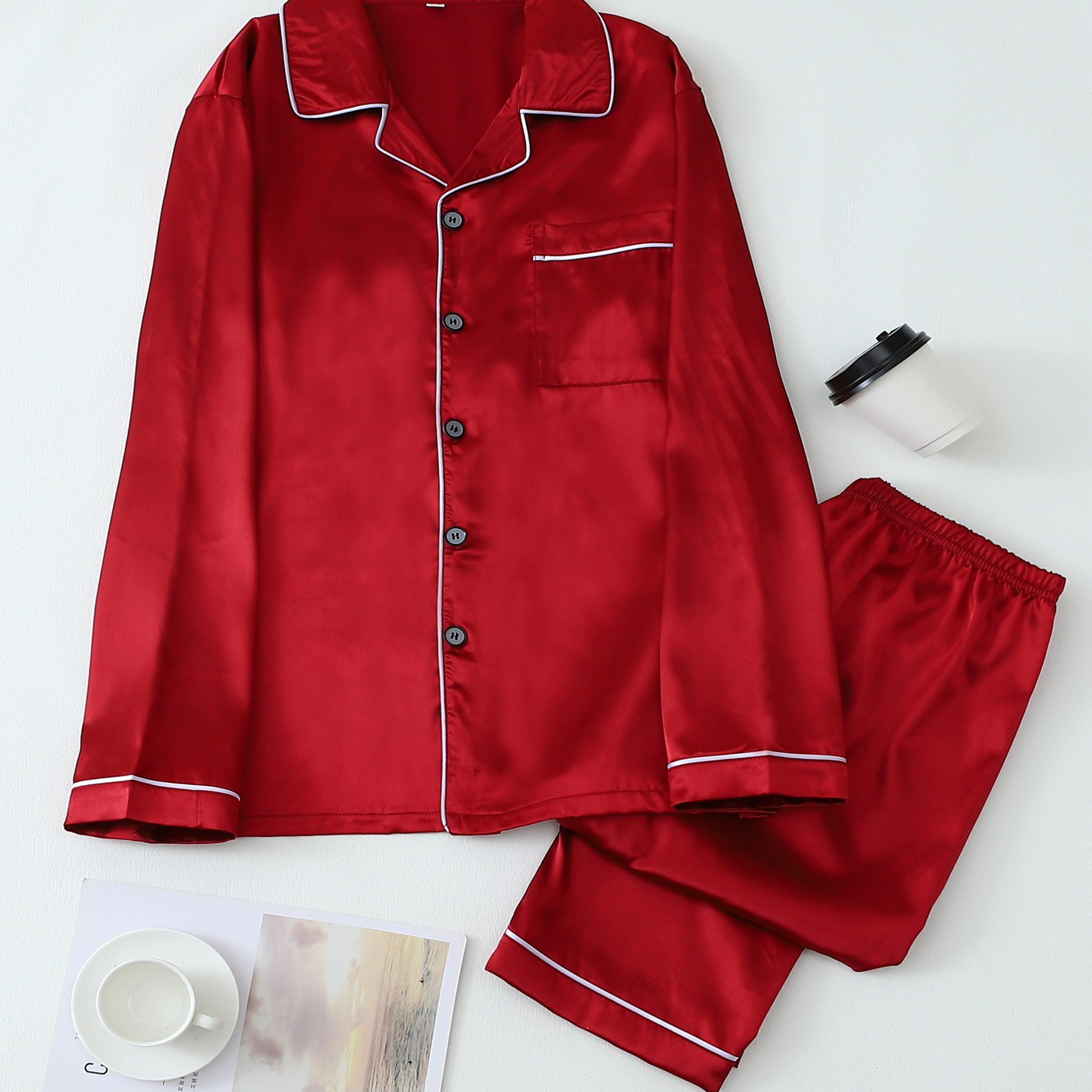 Conjunto de pijama de satén para hombre, manga larga, de color sólido, casual, con botones, para otoño e invierno