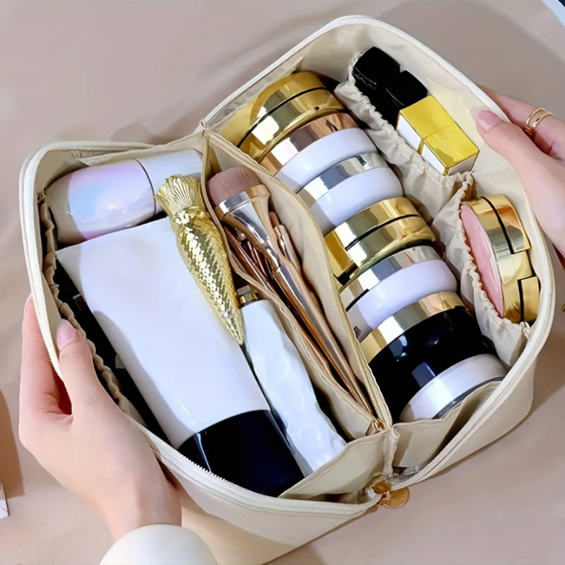 Double-Layer Leather Travel Cosmetic Bag for Men and Women Waterproof Makeup Organizer
