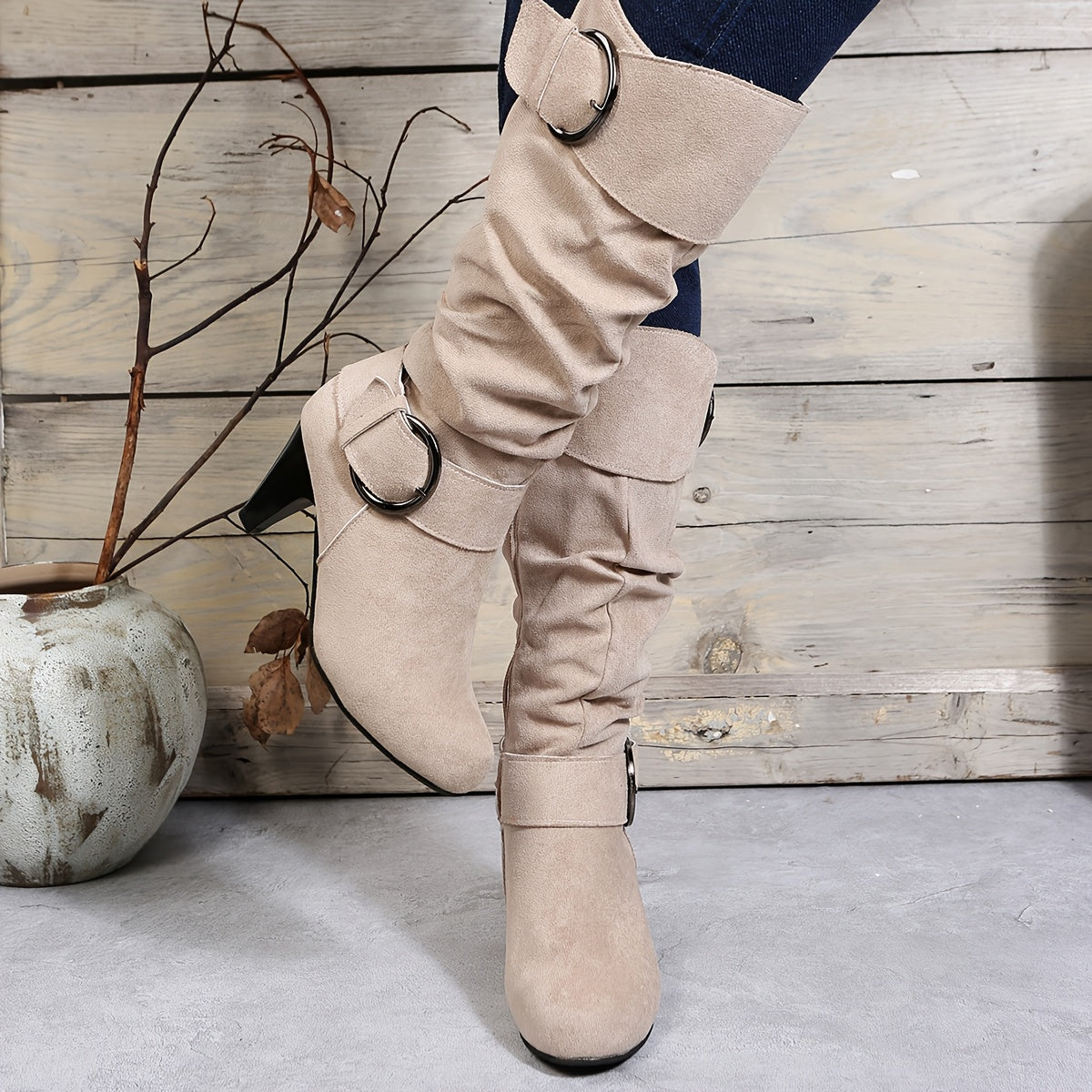 Women Beige Faux Cover Ankle Boots with Buckle Zipper 7cm Chunky Heel