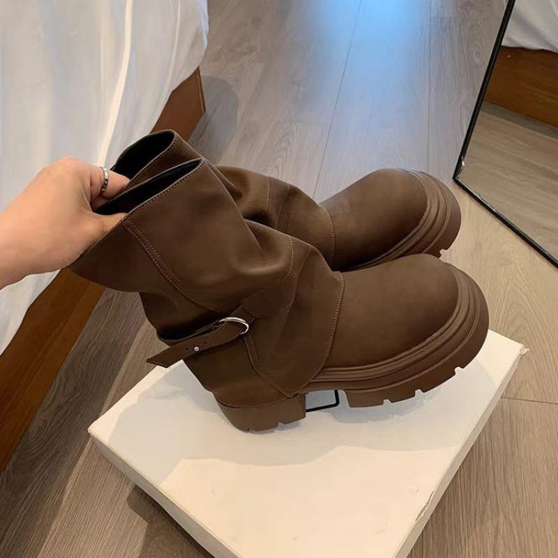 Women's Faux Leather Mid-Calf Retro Slip-On Ankle Boots with Chunky Sole