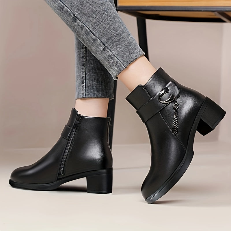 Women's Fleece-Lined Winter Boots Mid-Heel Warm Short Booties Wide Fit