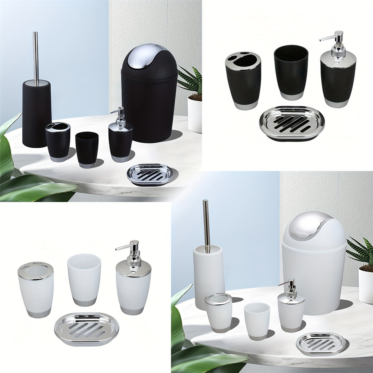 Bathroom Storage Set with Toilet Brush Lotion Bottle Toothbrush Holder and Trash Can