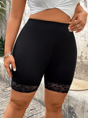 Pantalones cortos de tiro alto con encaje para mujer talla grande, de pierna recta, negros, para todas las estaciones