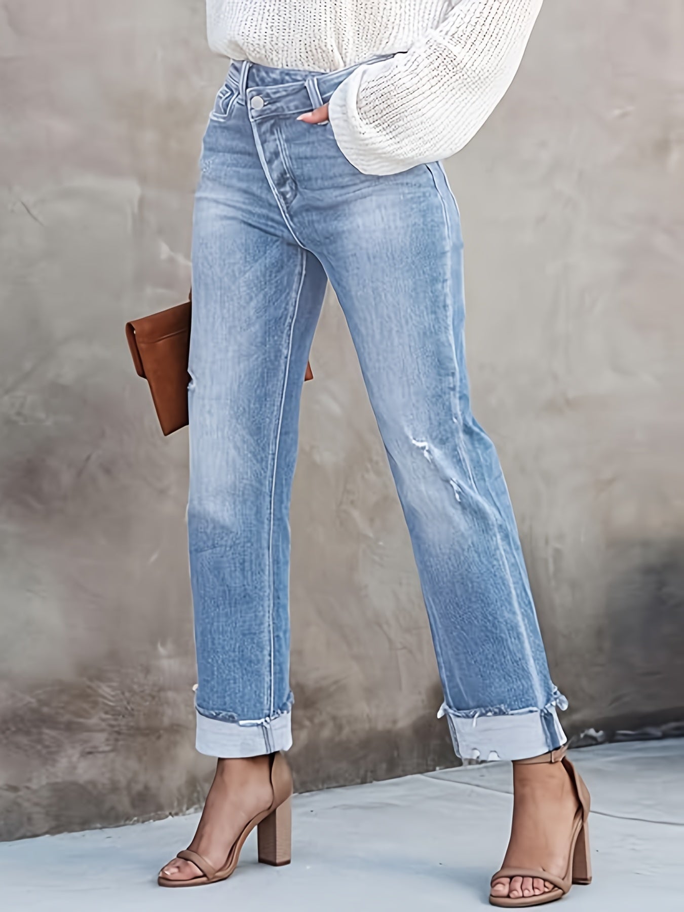 Ayollar uchun katta o'lchamdagi buzilgan yuvilgan, bukilgan krepli yengil to'g'ri chiziqli jinsi shimlar, kuz uchun