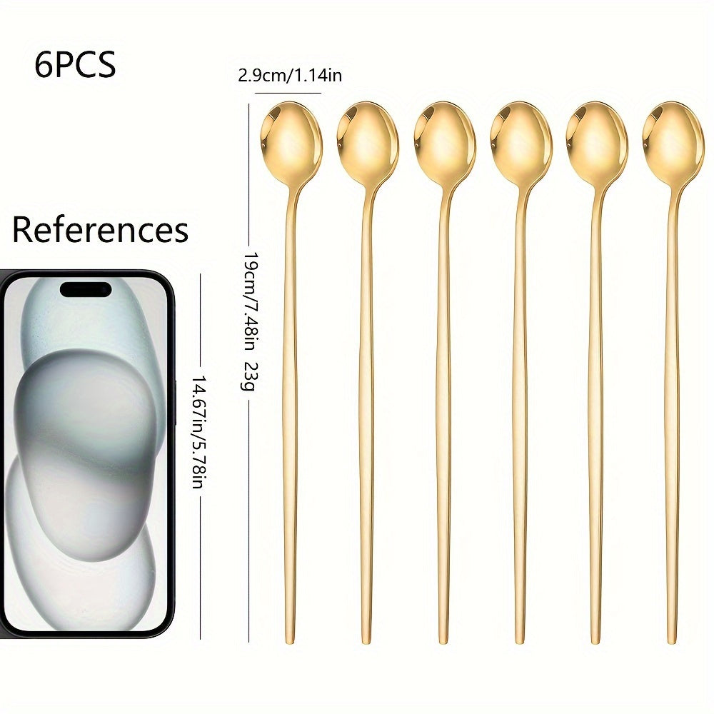 6-Piece Set of Golden Stainless Steel Ice Tea Spoons for Cocktails Coffee and Soda