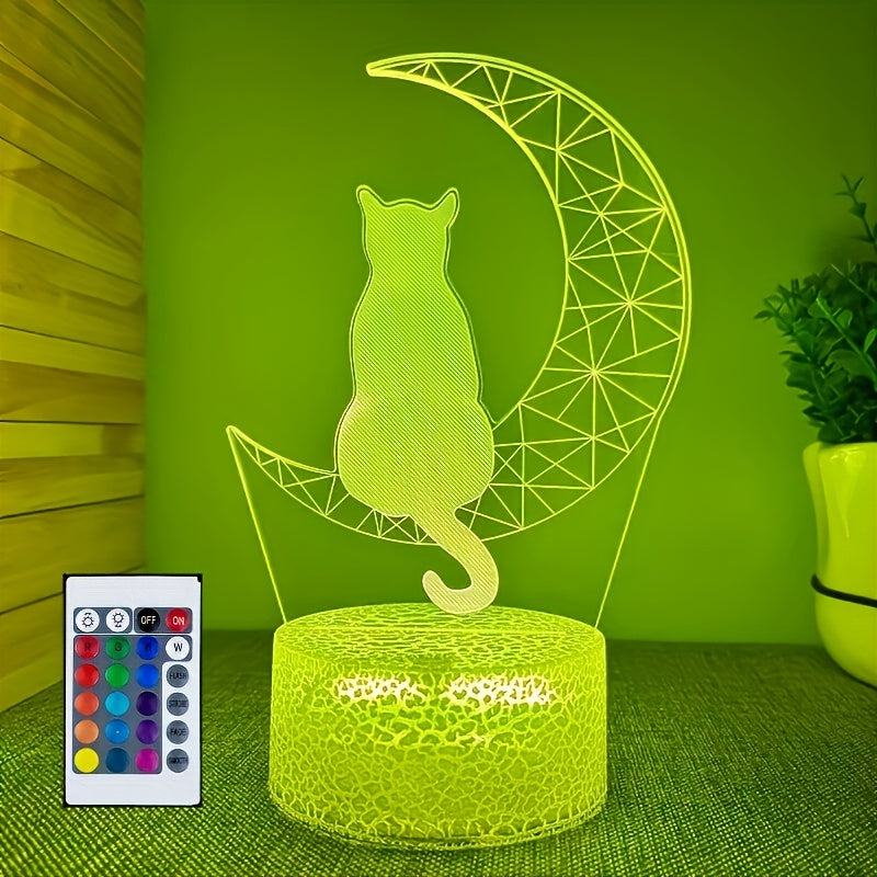 3D Moon Cat LED Night Light with 16 Colors Touch and Remote Control Warm White Base Gift