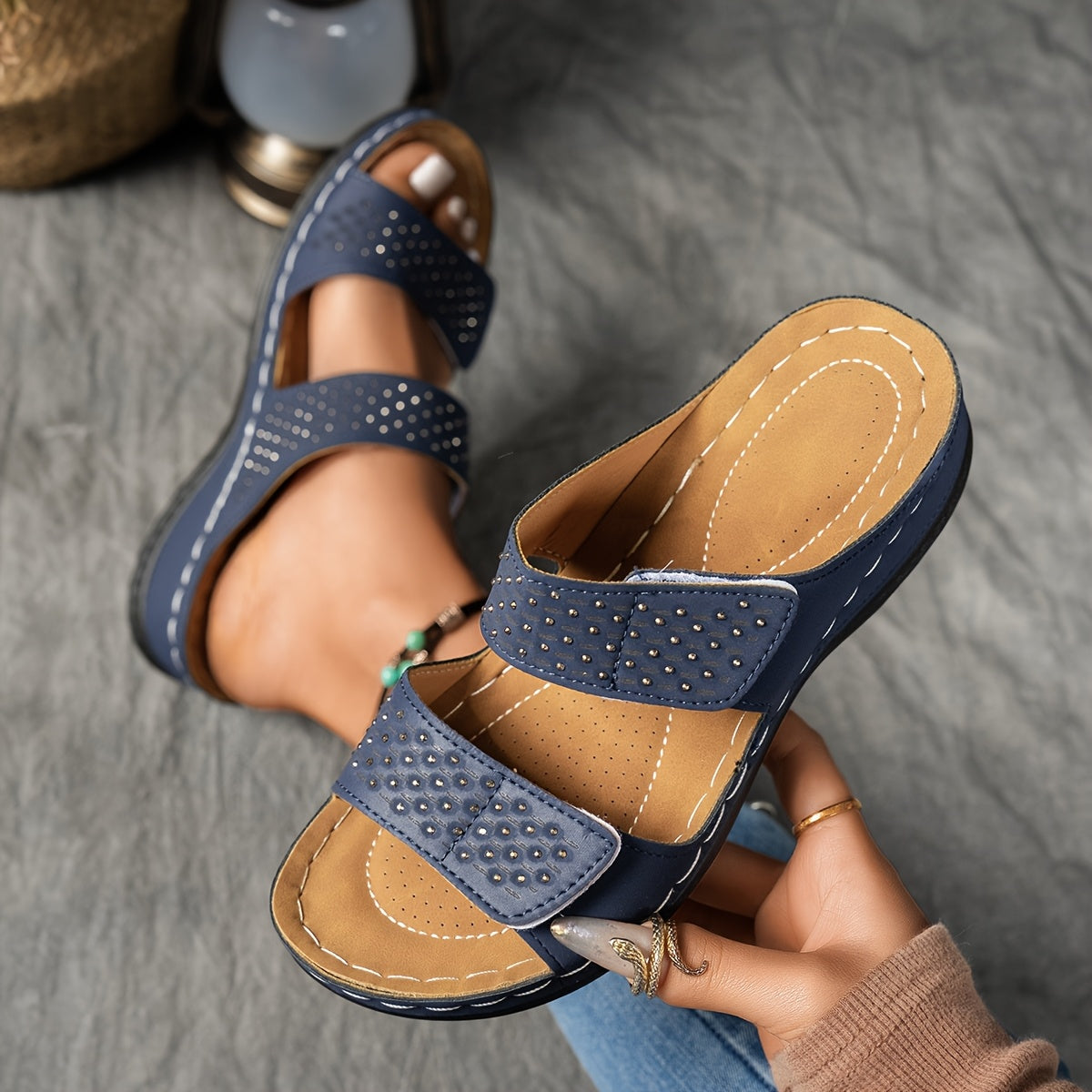 Women Summer Solid Color Wedge Sandals Open-Toe Platform Rhinestone