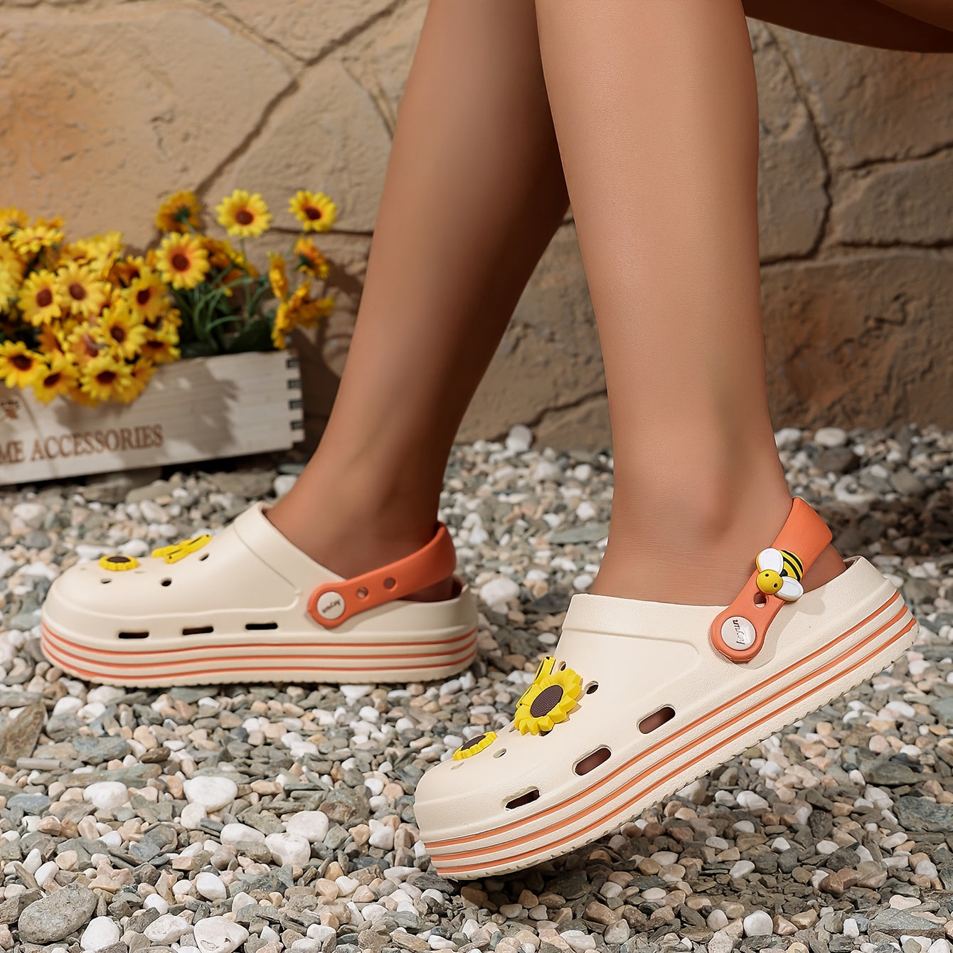 Women’s Summer Floral Clogs Soft EVA Thick Sole Breathable Openwork White Yellow