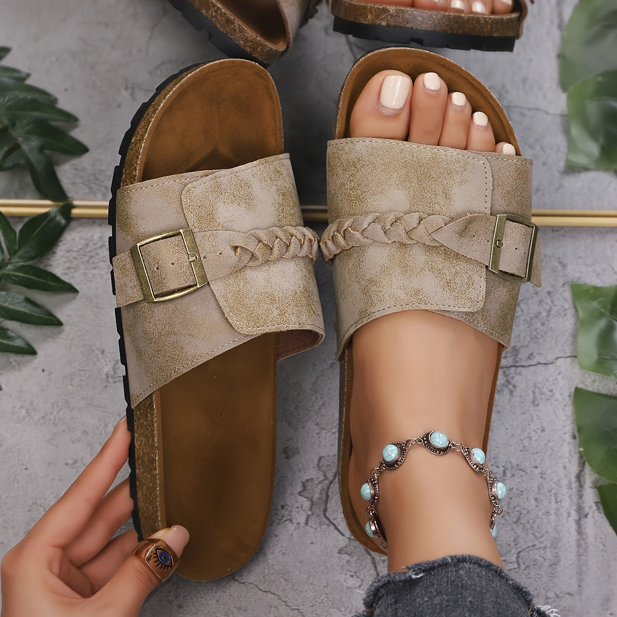 Women's Summer Casual Sandals Open-Toe Braided Straps Beige Brown