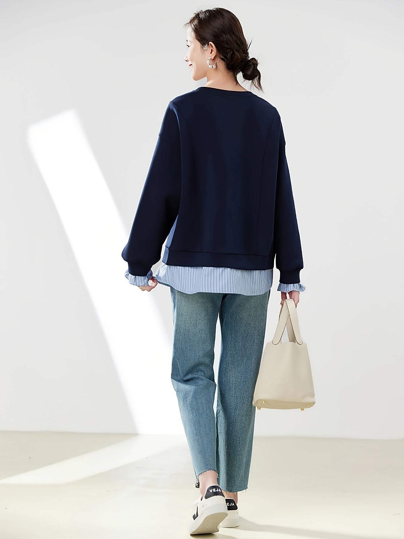 Women's Navy Blue Floral Sweater Rayon Blend Loose-Fit Pullover