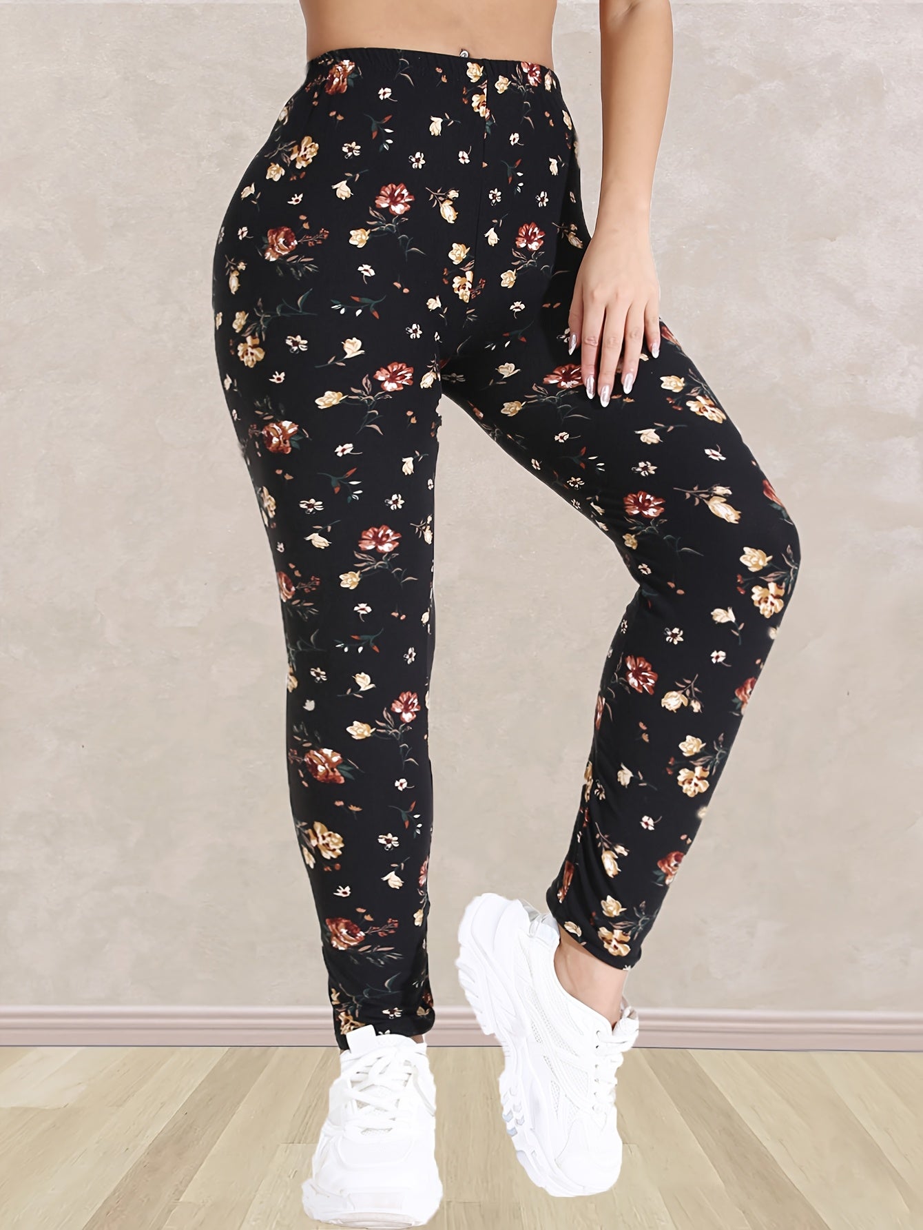 Plus Size Women's Floral Print High-Waisted Yoga Leggings | 7/8 Length Compression Pants